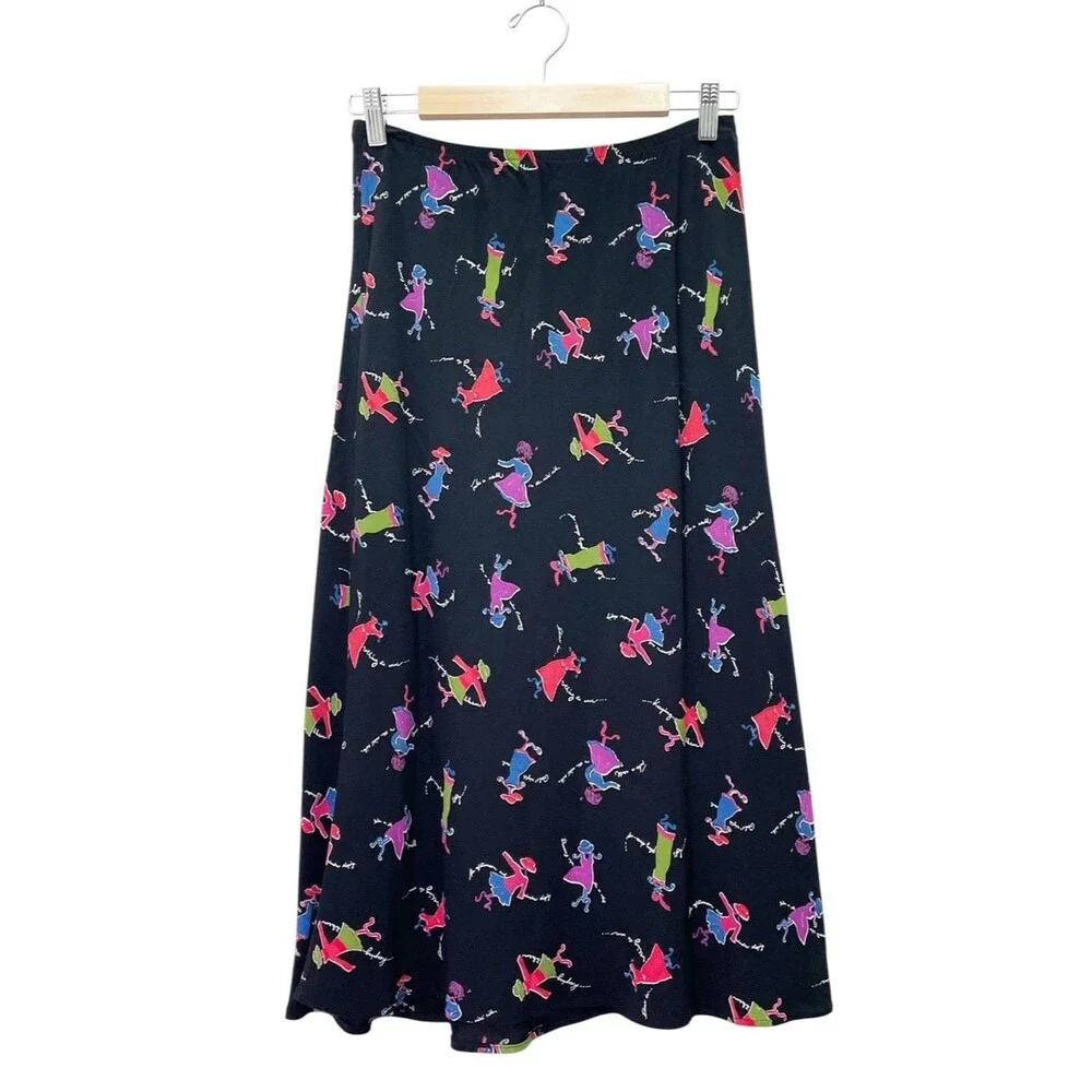 Carol Anderson Petite Vintage 90s Midi Skirt P Black Novelty Print Rayon USA Y2K